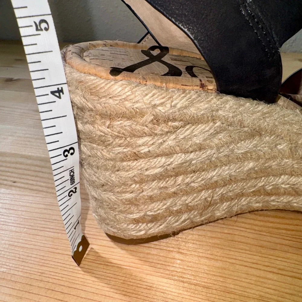 Sam Edelman Espadrille Platform Wedge Sandals Black Leather Size 9.5M‎